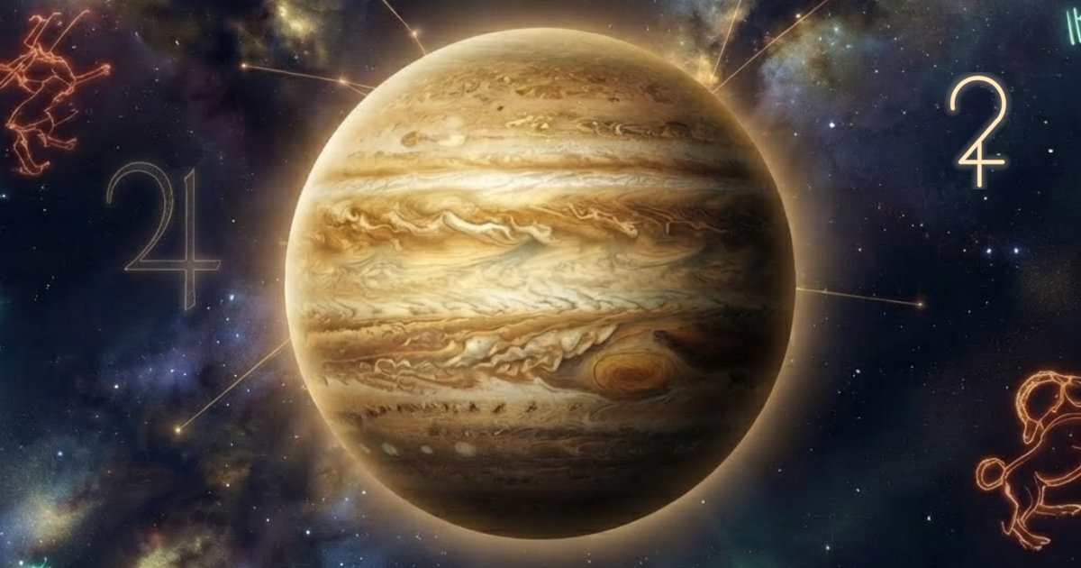Der Jupiter als große, plastisch leuchtende Planetenkugel mit Wolkenbändern und Großem Roten Fleck, das Symbol ♃ dezent in die Sterne graviert
