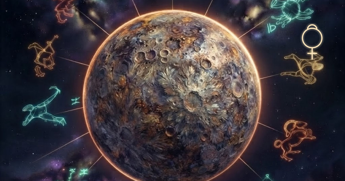 Der Merkur als große, plastisch leuchtende kratervolle Kugel in Grau und Bronze, sein Symbol ☿ dezent in die Sterne graviert