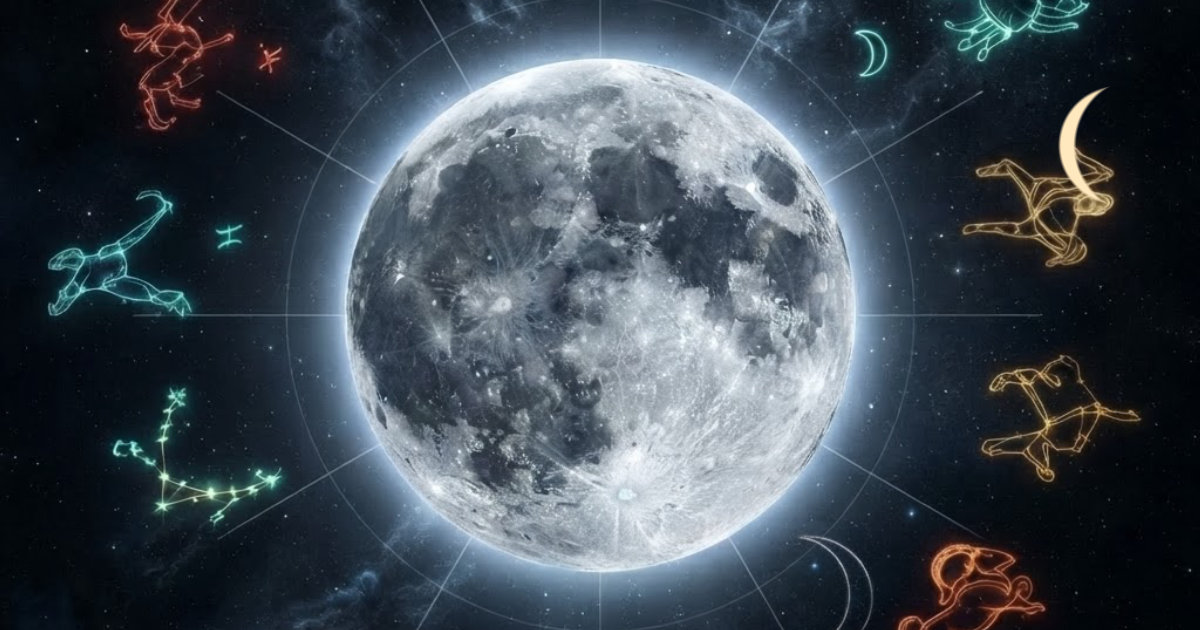 Der Mond als große, plastisch leuchtende silberne Kugel mit Kratern und Mare-Flächen, sein Symbol ☽ dezent in die Sterne graviert