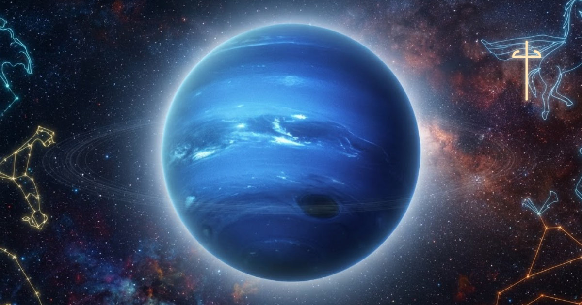 Der Neptun als große, plastisch leuchtende tiefblaue Planetenkugel, das Symbol ♆ dezent in die Sterne graviert