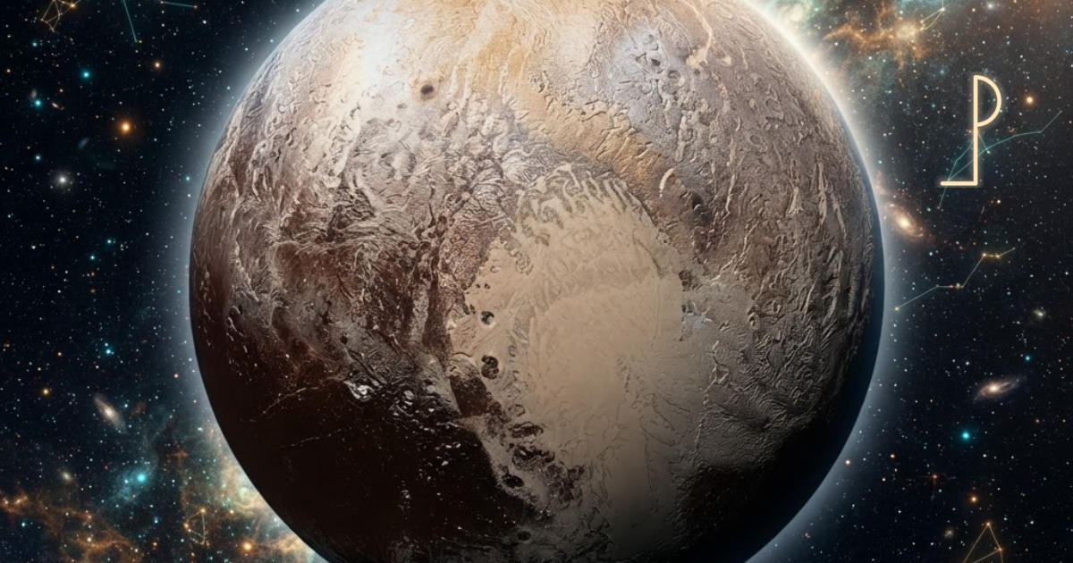 Der Pluto als große, plastisch leuchtende bräunliche Zwergplanetenkugel, das Symbol ♇ dezent in die Sterne graviert
