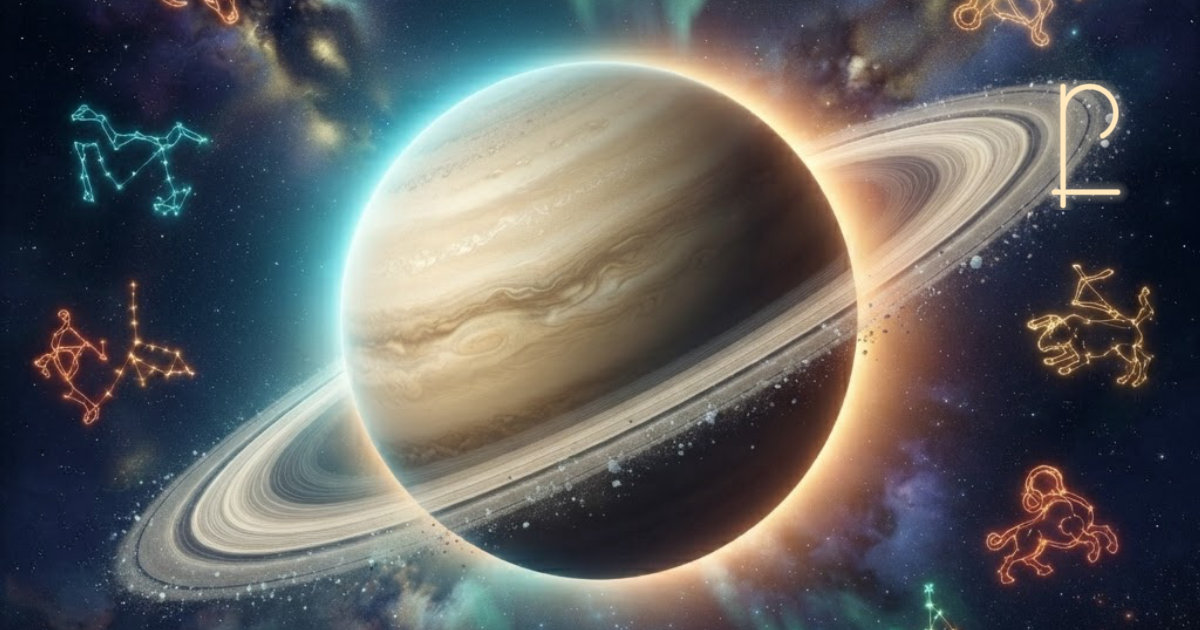 Der Saturn als große, plastisch leuchtende Planetenkugel mit goldenem Ringsystem, das Symbol ♄ dezent in die Sterne graviert