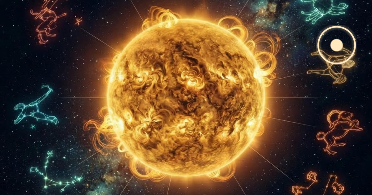 Die Sonne als große, plastisch leuchtende Kugel aus goldenem Plasma mit weichem Halo, ihr Symbol ☉ dezent in die Sterne graviert