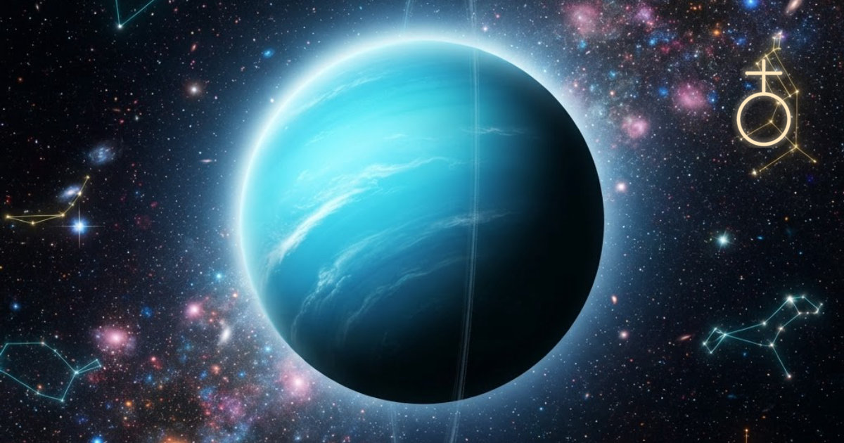 Der Uranus als große, plastisch leuchtende türkisblaue Planetenkugel mit blassem Ringsystem, das Symbol ♅ dezent in die Sterne graviert