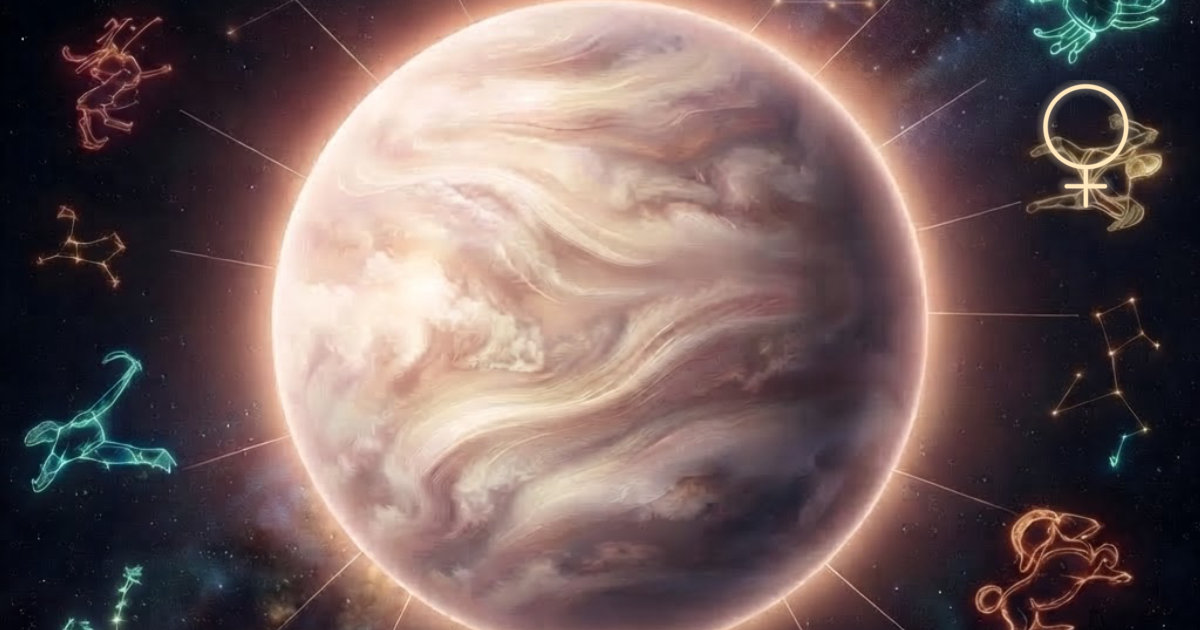 Die Venus als große, plastisch leuchtende Kugel in cremefarbenen Perlmutt-Wolkenschleiern, ihr Symbol ♀ dezent in die Sterne graviert